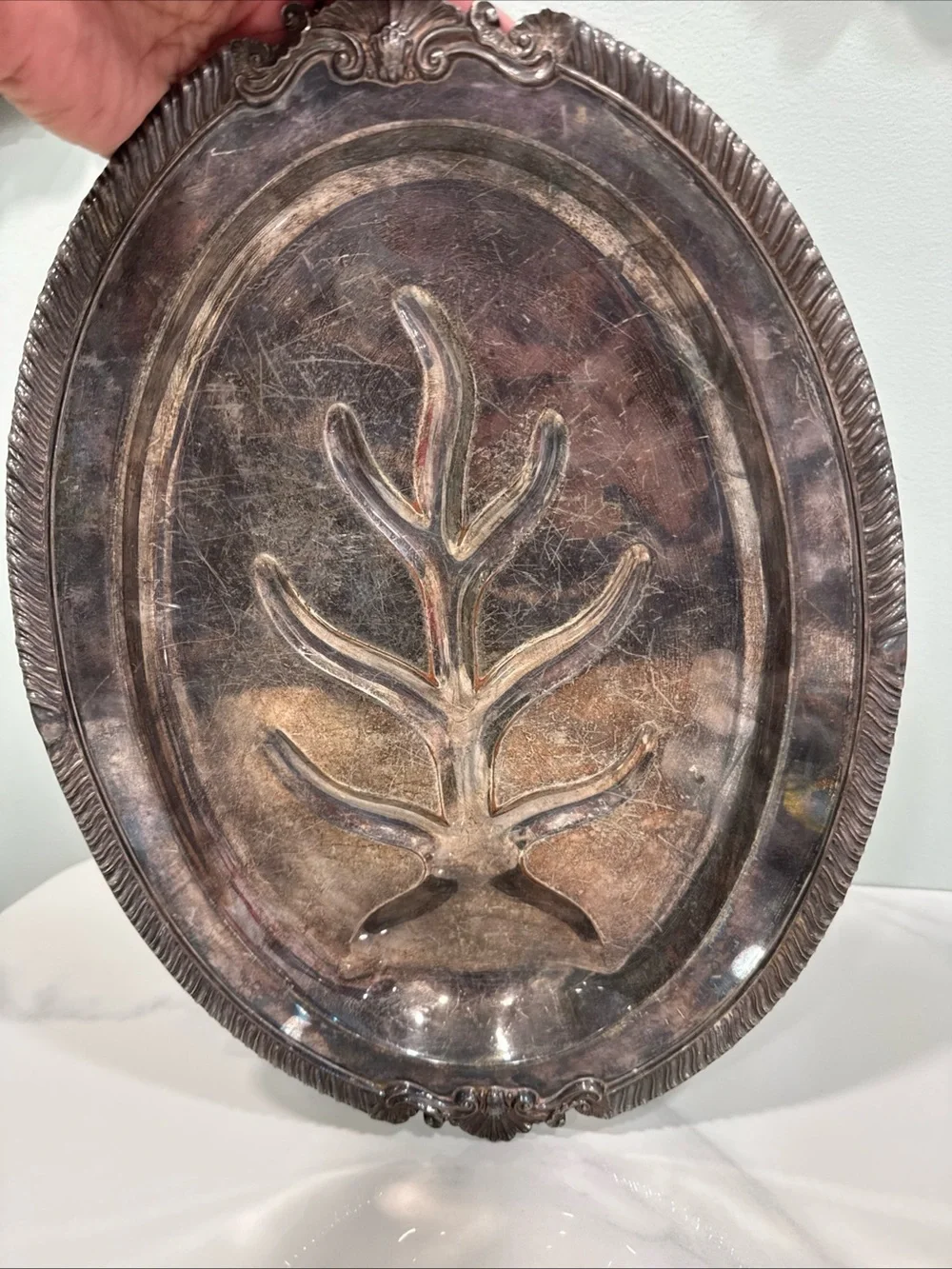 Silver-copper  Decorative Oval Serving Tray with Leaf Motif,  vintage